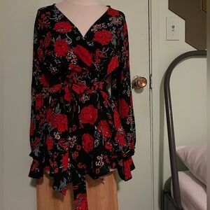 Red and black flower long sleeve romper